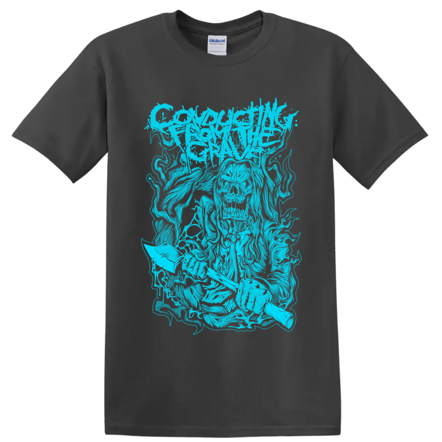 Conducting From the Grave distressed cyan metal band logo graphic on a Charcoal T Shirt