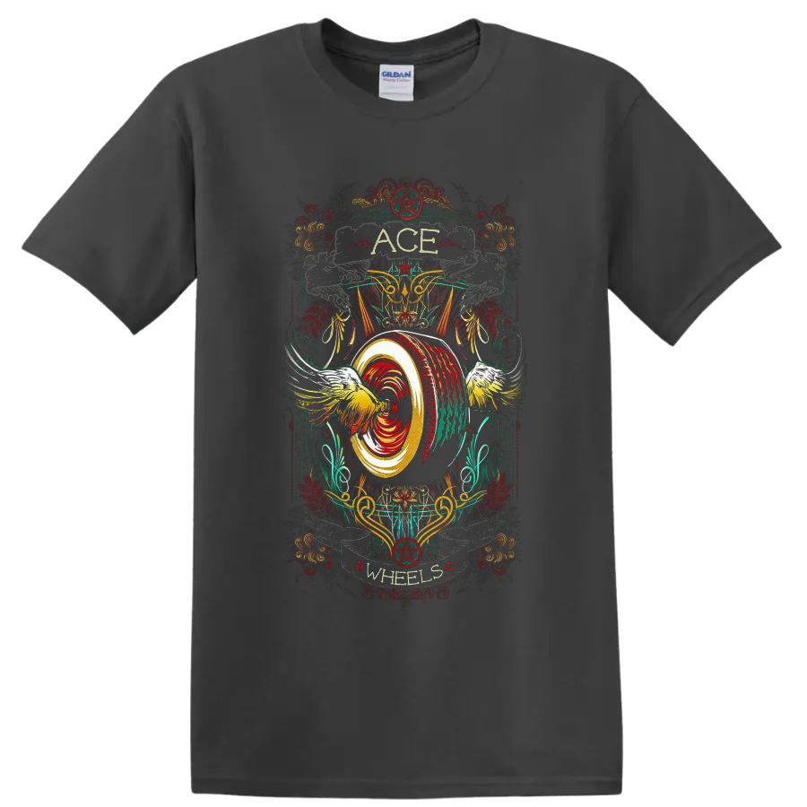 Ace Wheels distressed rockabilly winged wheel and pentagram custom-culture graphic on a Charcoal T Shirt