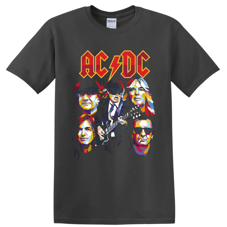 AC/DC pop-art band portraits with Angus Young playing guitar beneath lightning-bolt logo on a Charcoal T Shirt
