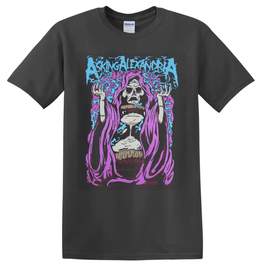 Asking Alexandria logo above purple-robed skull reaper with dripping hourglass on a Charcoal T Shirt