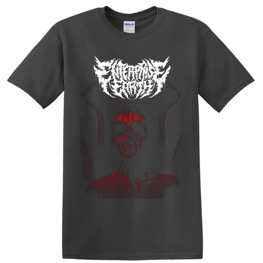 Enterprise Earth logo above a distressed red skull-like figure and This Hell My Home text on a Charcoal T Shirt