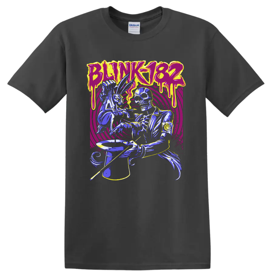 Blink-182 skeleton magician and rabbit with top hat in neon punk-horror art on a Charcoal T Shirt