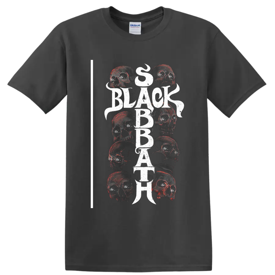Black Sabbath distressed vertical lettering with layered skull artwork on a Charcoal T Shirt