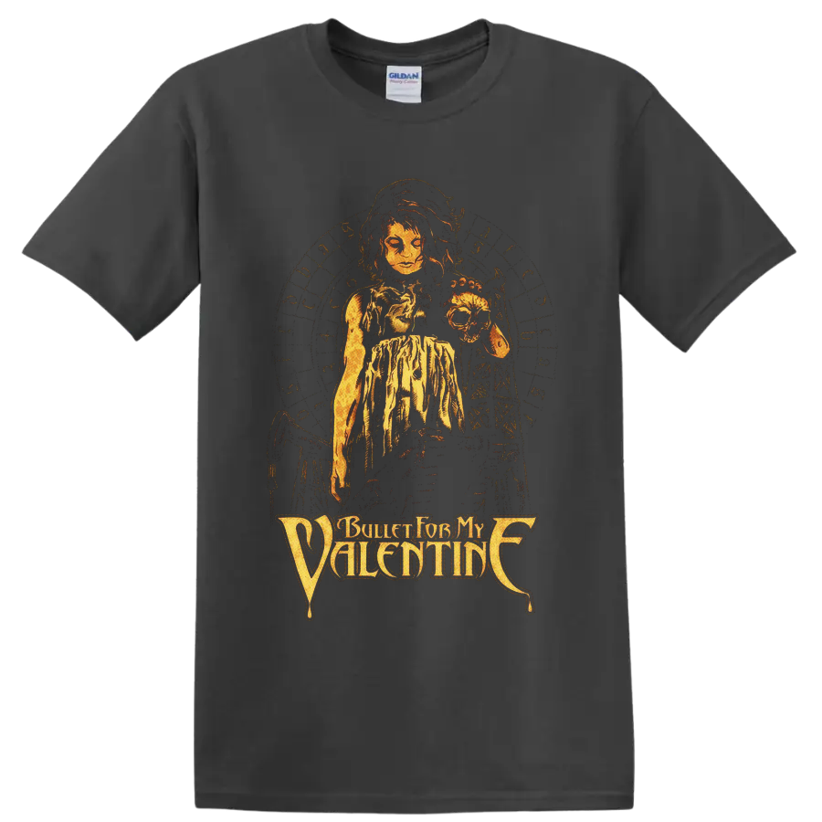 Bullet for My Valentine gothic woman and skull graphic with distressed logo lettering on a Charcoal T Shirt