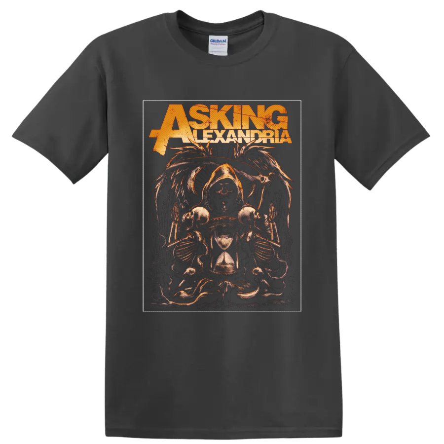 Asking Alexandria distressed gothic graphic with hooded skeleton, skulls, and hourglass on a Charcoal T Shirt
