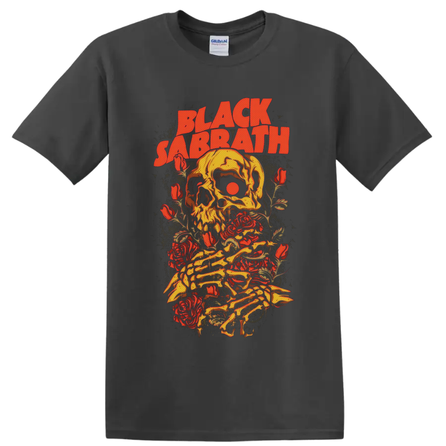 Black Sabbath vintage skull and red roses graphic with skeletal hands on a Charcoal T Shirt