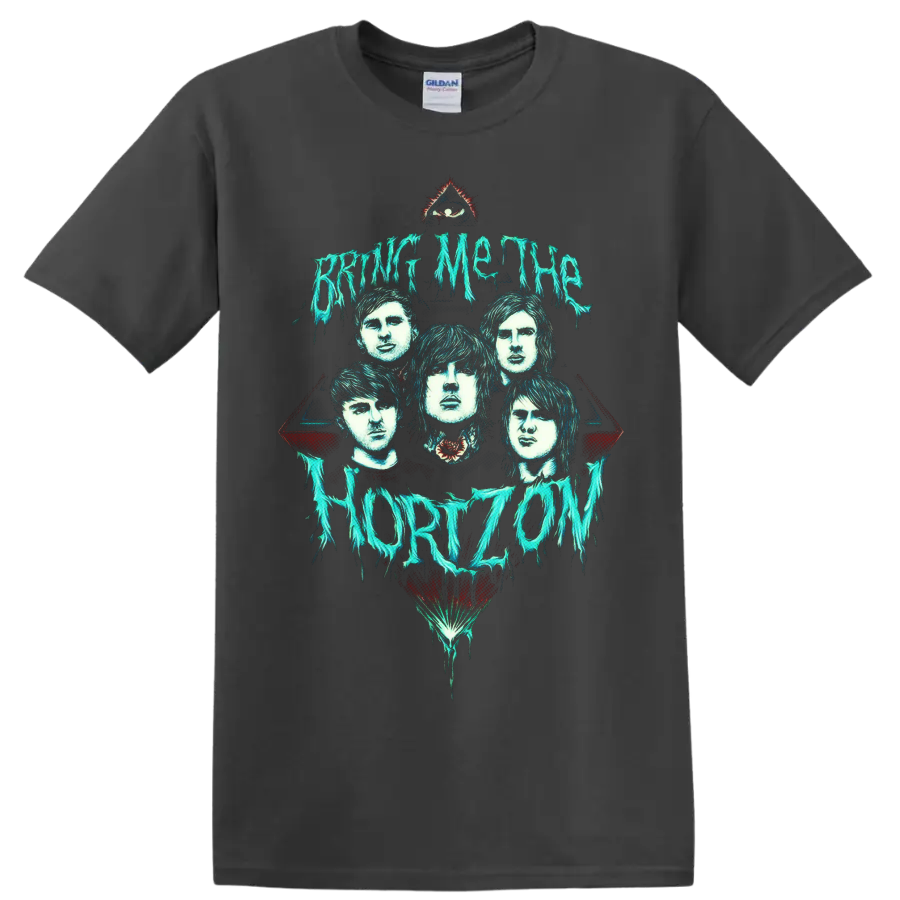 Bring Me the Horizon portraits with dripping turquoise text and gothic eye motif on a Charcoal T Shirt