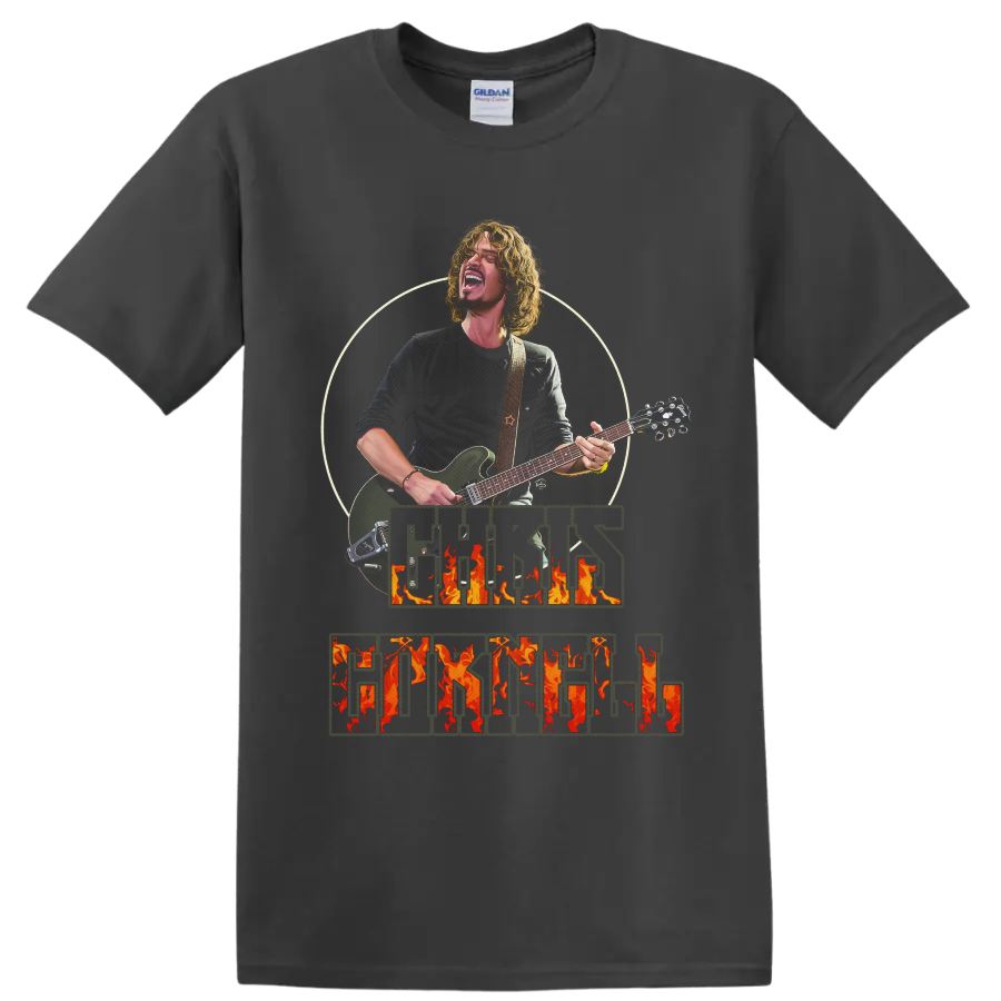 Chris Cornell guitar performance portrait with distressed flaming name lettering on a Charcoal T Shirt
