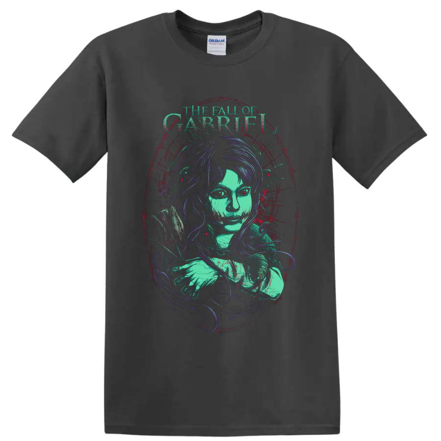 The Fall of Gabriel gothic woman with rose in distressed teal, purple, and red art on a Charcoal T Shirt