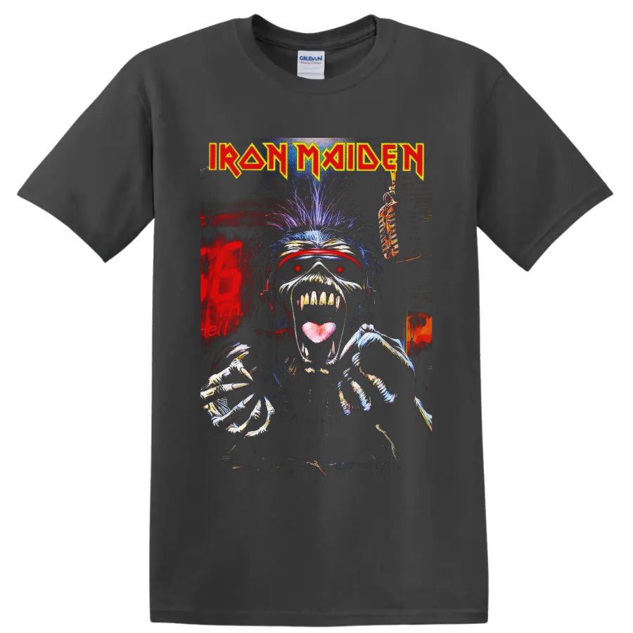 Iron Maiden Eddie the Head skeletal horror-metal graphic with band logo on a Charcoal T Shirt