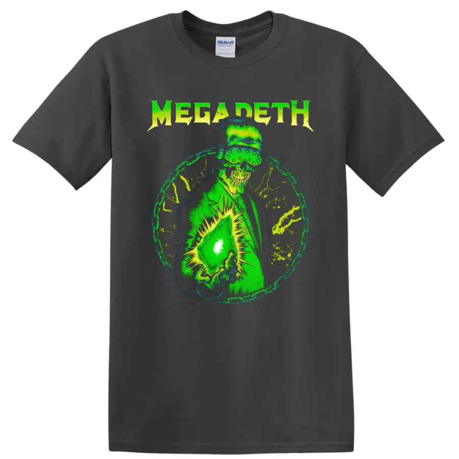 Megadeth Vic Rattlehead neon green distressed metal graphic with visor and glowing object on a Charcoal T Shirt