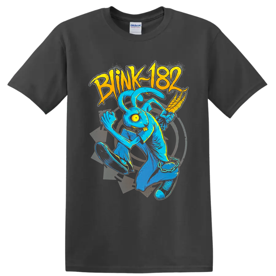 Blink-182 blue rabbit mascot skateboarding in vivid retro punk comic art on a Charcoal T Shirt