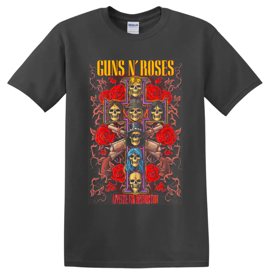 Guns N' Roses Appetite for Destruction skull cross with roses and pistols on a Charcoal T Shirt
