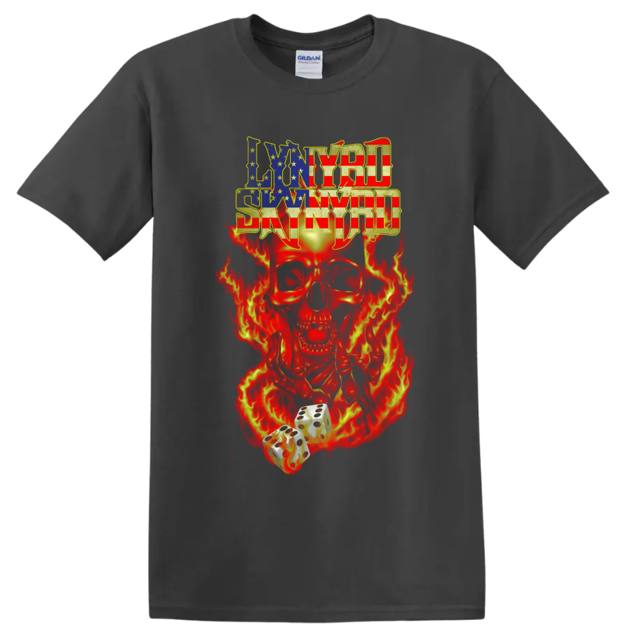 Lynyrd Skynyrd American flag lettering with flaming skull and dice graphic on a Charcoal T Shirt