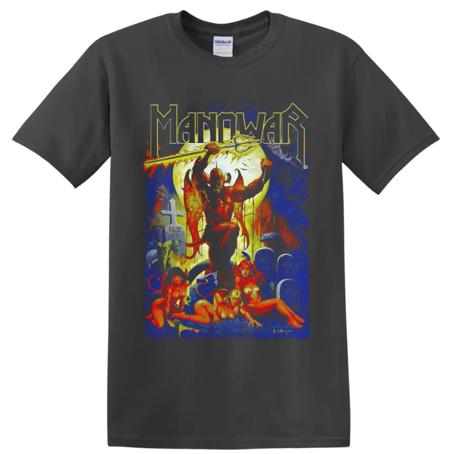 Manowar Hell on Earth IV heavy metal fantasy warrior and cemetery graphic on a Charcoal T Shirt