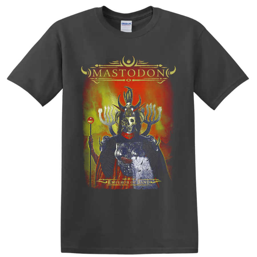 Mastodon Emperor of Sand distressed album art with skeletal horned ruler and fiery on a Charcoal T Shirt