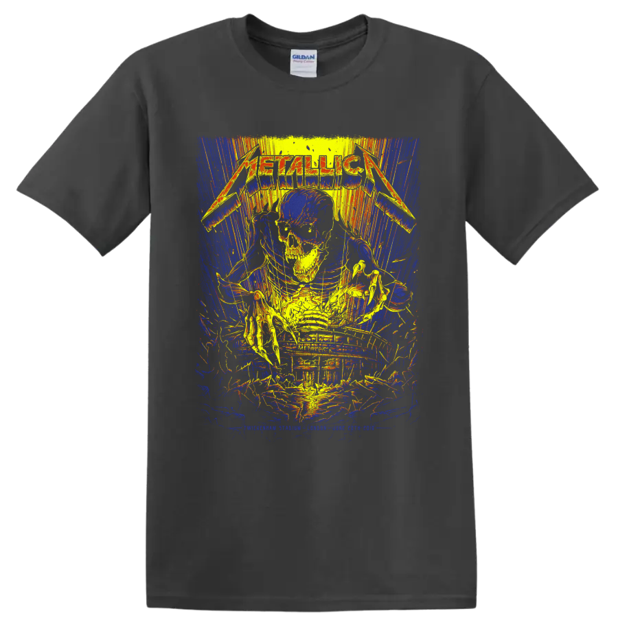Metallica logo over a skull and skeleton in distressed neon concert-poster artwork on a Charcoal T Shirt