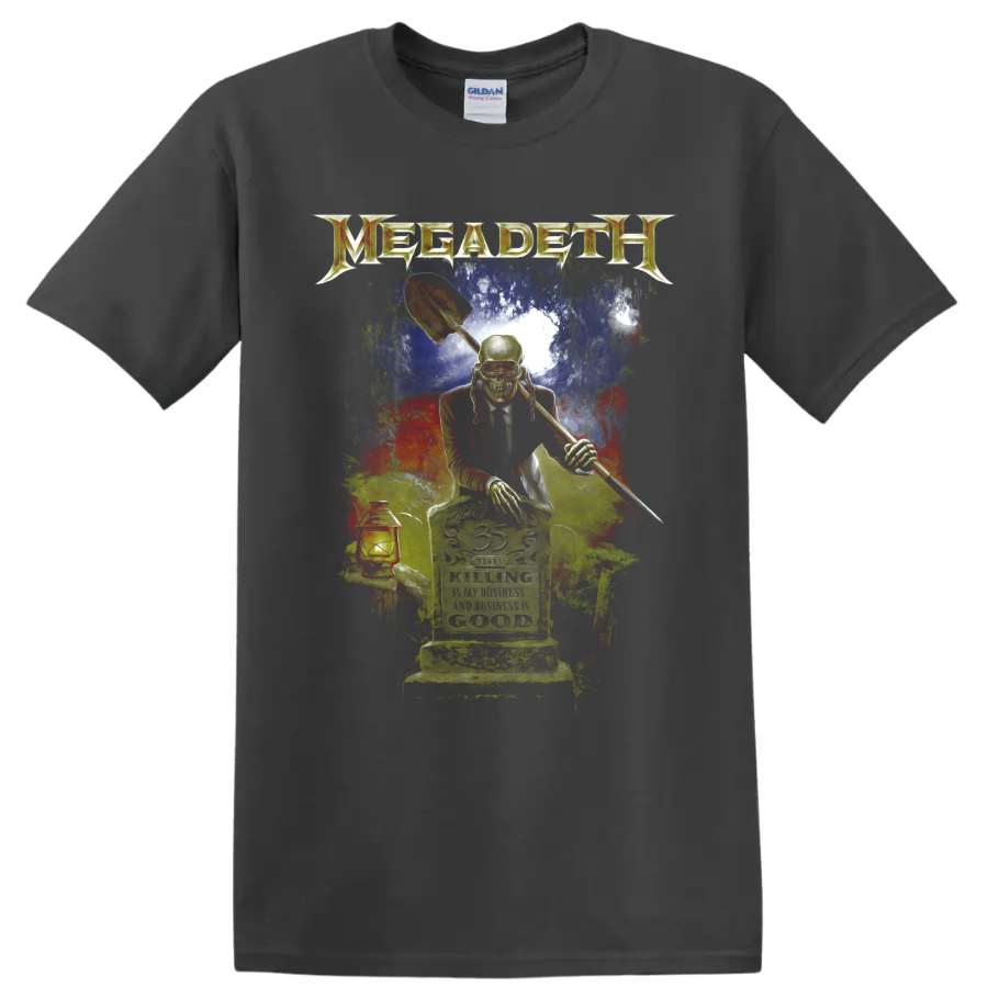 Megadeth Vic Rattlehead graveyard graphic with shovel, lantern, and distressed metal art on a Charcoal T Shirt