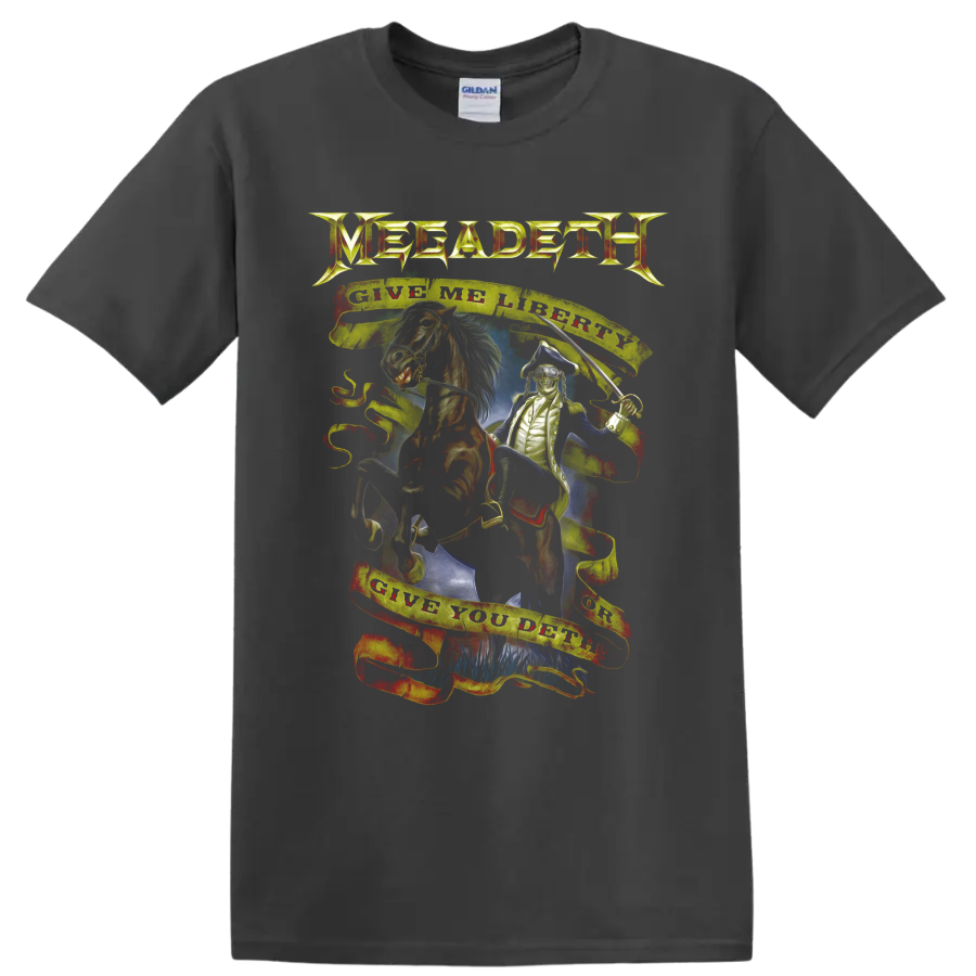 Megadeth Vic Rattlehead horse and saber graphic with Give Me Liberty Give You Deth banners on a Charcoal T Shirt