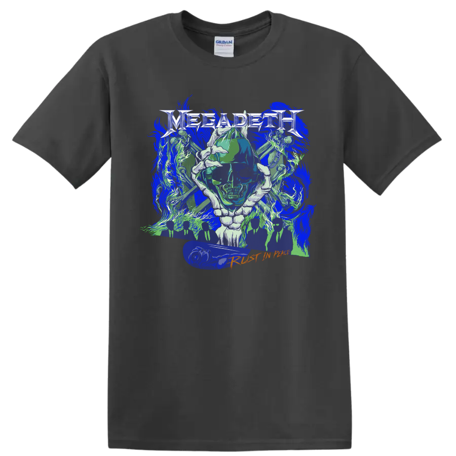 Megadeth Rust in Peace Vic Rattlehead skull heavy metal graphic on a Charcoal T Shirt