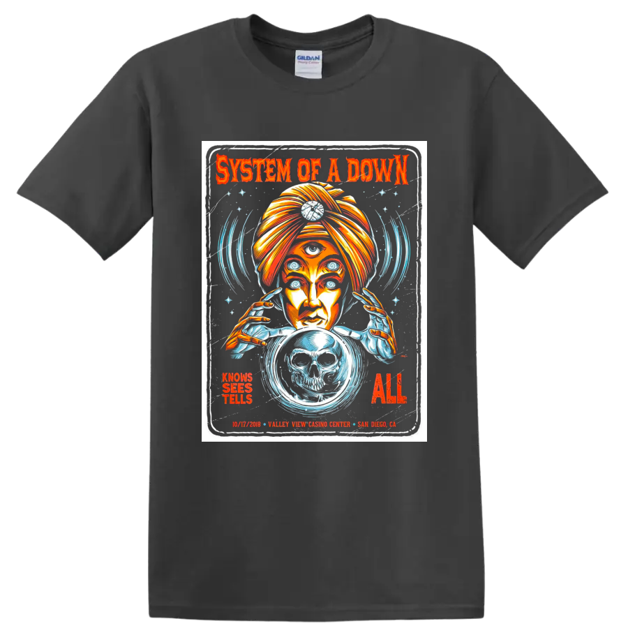 System of a Down concert poster art with psychic, skull crystal ball, and spiral eyes on a Charcoal T Shirt
