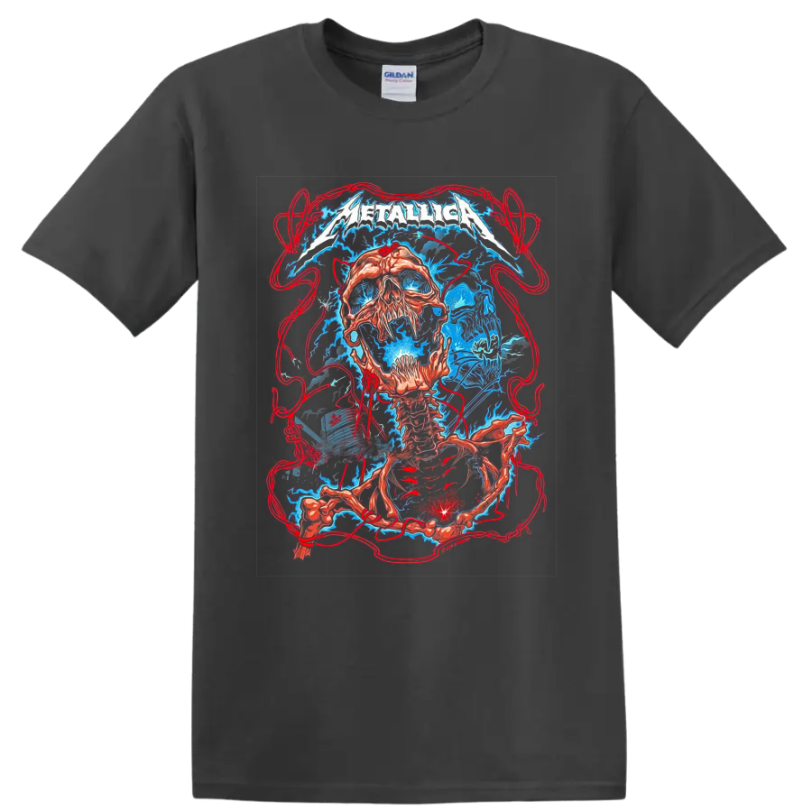 Metallica logo over surreal skull and skeleton concert art with electric blue energy on a Charcoal T Shirt
