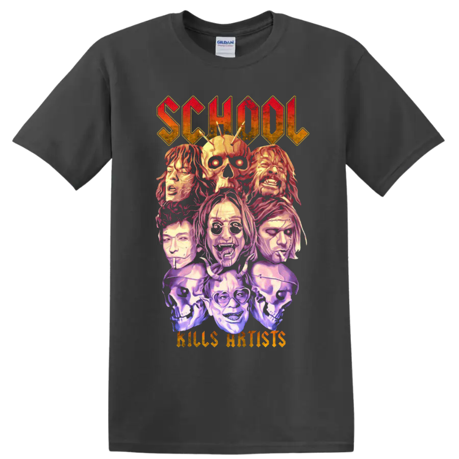 School Kills Artists gothic horror collage with skulls and illustrated faces on a Charcoal T Shirt