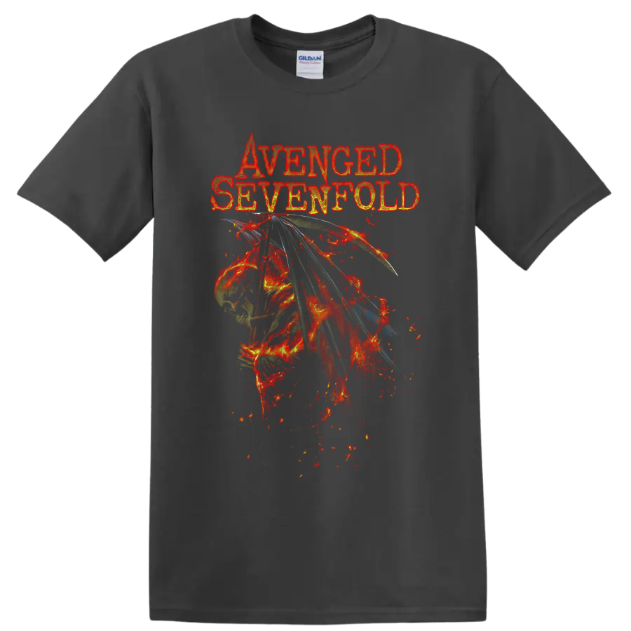 Avenged Sevenfold distressed lettering above fiery winged skeleton metal artwork on a Charcoal T Shirt