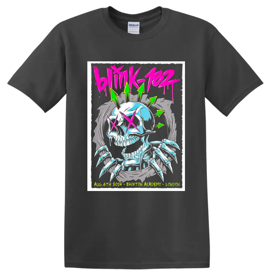Blink-182 Brixton Academy neon skull concert poster with wings and pink X eyes on a Charcoal T Shirt