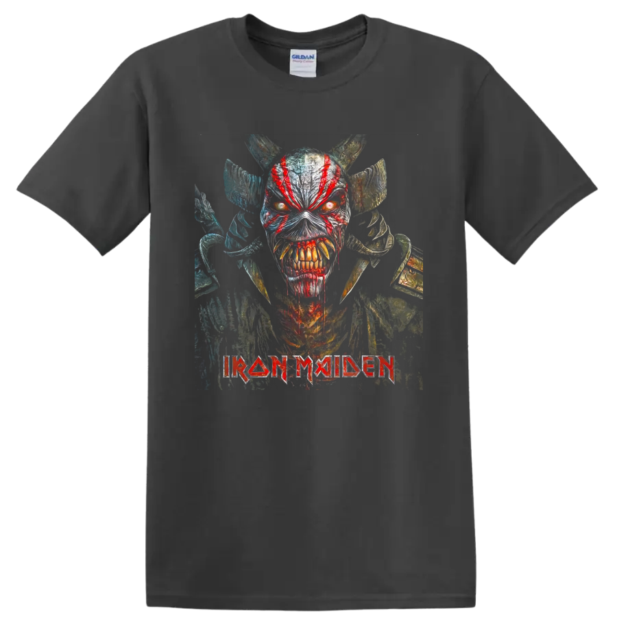 Iron Maiden Eddie horned warrior graphic with glowing eyes and band logo on a Charcoal T Shirt