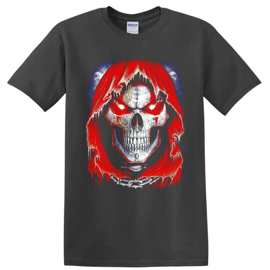 Distressed gothic skull in a tattered red hood with chains and blue accents on a Charcoal T Shirt