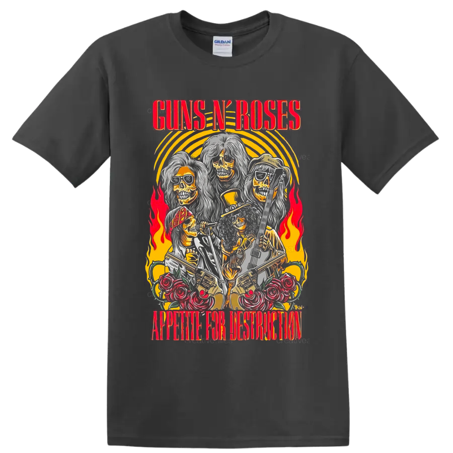 Guns N' Roses Appetite for Destruction skeleton band graphic with guitars, roses and on a Charcoal T Shirt