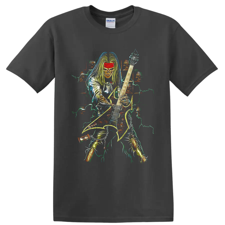 Dimebag Darrell-inspired skeletal guitarist with electric guitar and lightning artwork on a Charcoal T Shirt