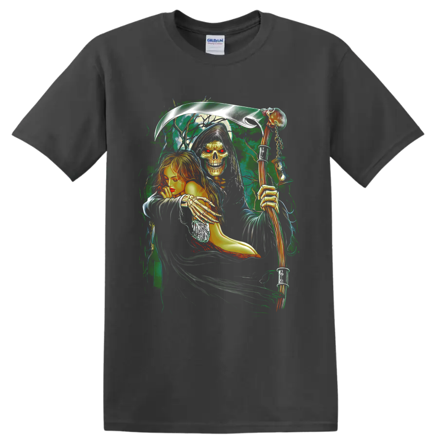 Gothic Grim Reaper holding a woman with a skull, red hair, and scythe on a Charcoal T Shirt