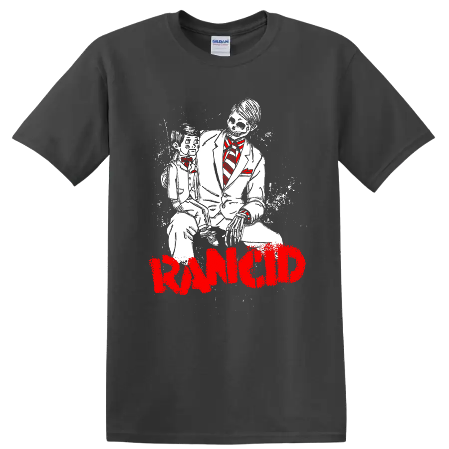 Rancid suited skeleton duo illustration with red tie accents and distressed logo on a Charcoal T Shirt