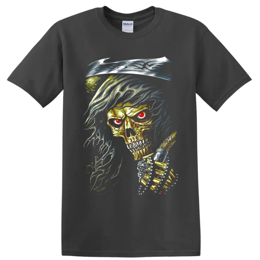 Fiery gothic skull with sweeping blue flame-like dark art illustration on a Charcoal T Shirt