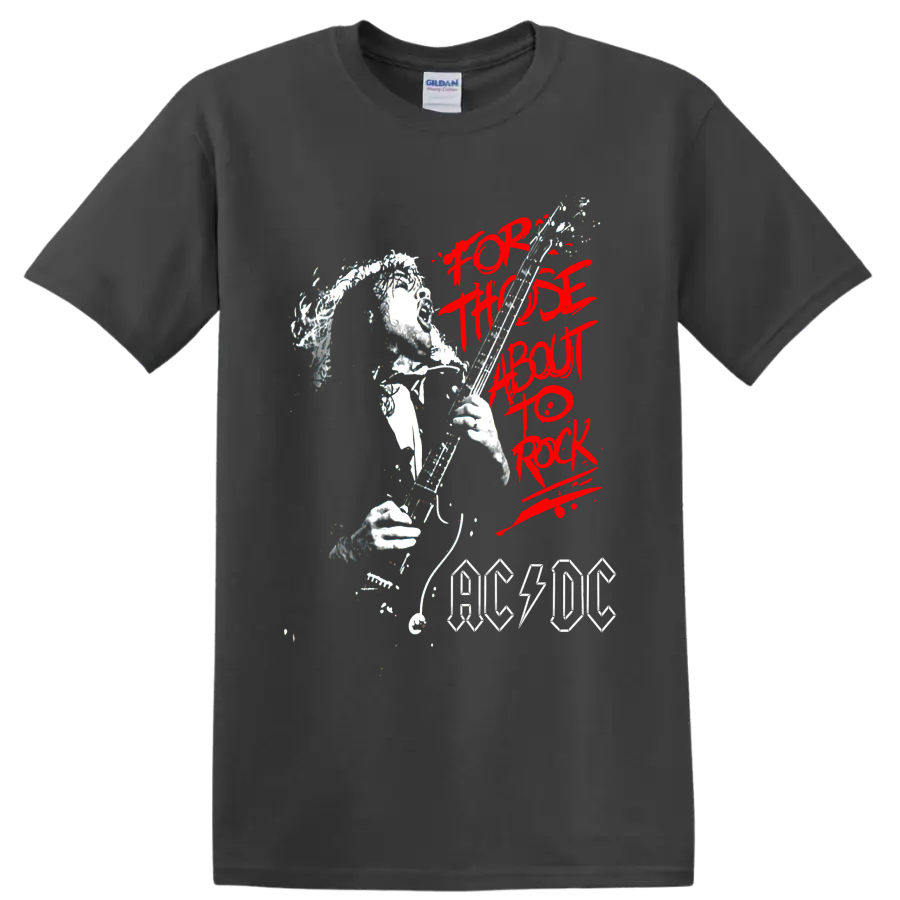 Angus Young guitar illustration with red For Those About to Rock text and AC/DC logo on a Charcoal T Shirt