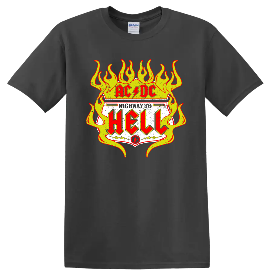 AC/DC Highway to Hell distressed road sign graphic with yellow flames and red lettering on a Charcoal T Shirt