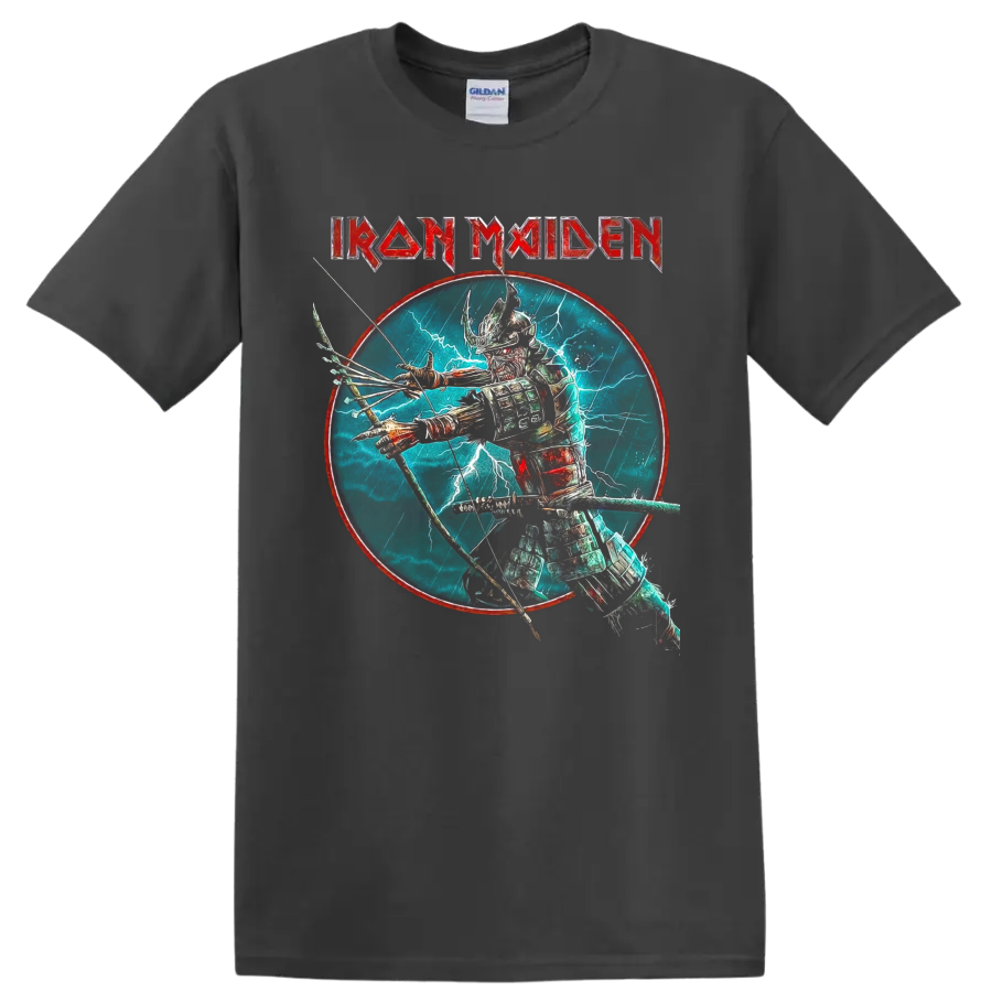 Iron Maiden Eddie the Head samurai archer graphic with lightning and band logo on a Charcoal T Shirt