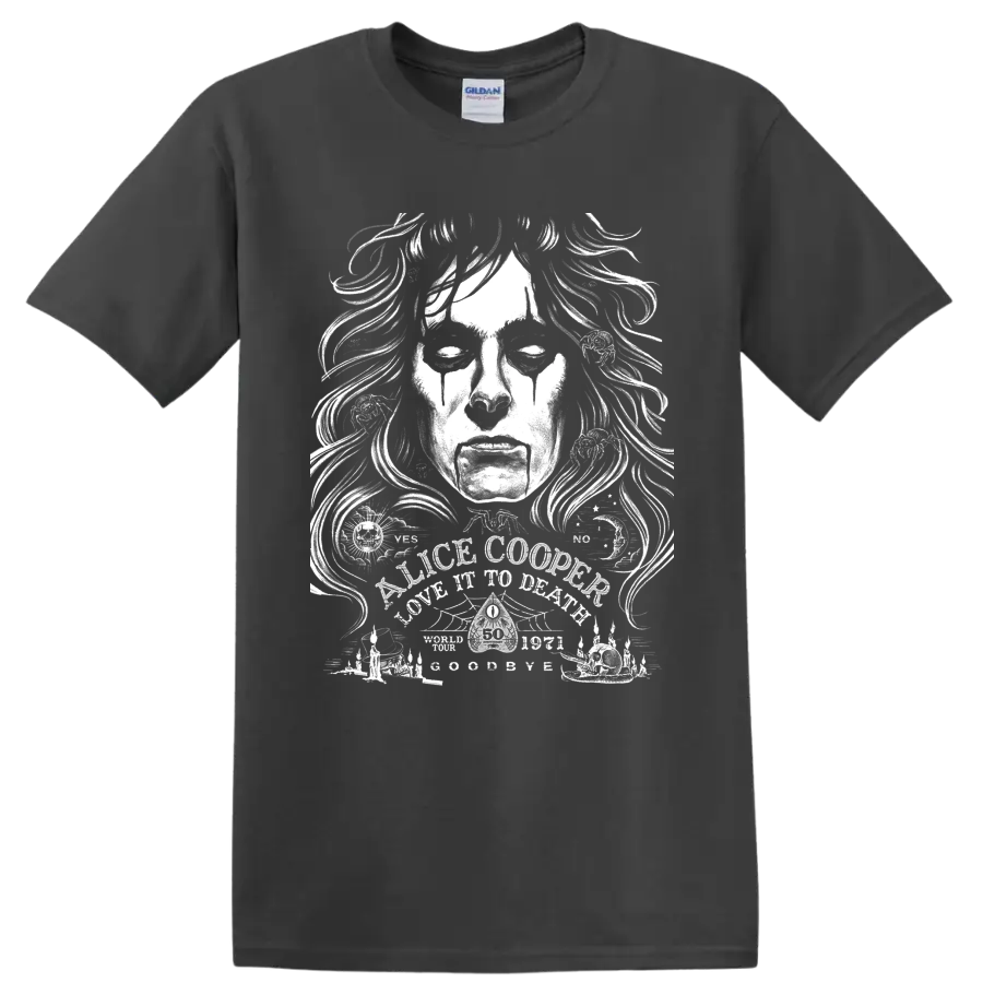 Alice Cooper Love It to Death gothic face illustration with occult symbols and candles on a Charcoal T Shirt