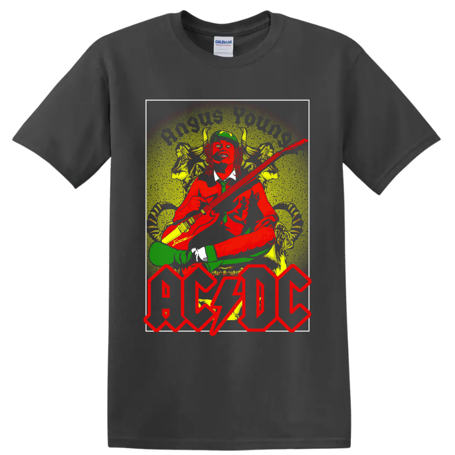 Angus Young guitar performance in distressed AC/DC vintage rock-poster artwork on a Charcoal T Shirt