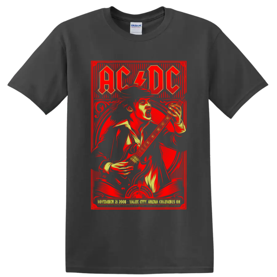 AC/DC Black Ice World Tour poster art with Angus Young playing electric guitar on a Charcoal T Shirt