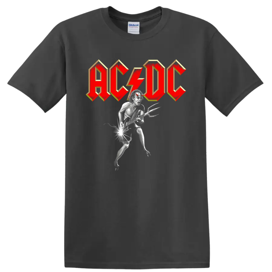 AC/DC logo with a monochrome devil guitarist and electric guitar graphic on a Charcoal T Shirt