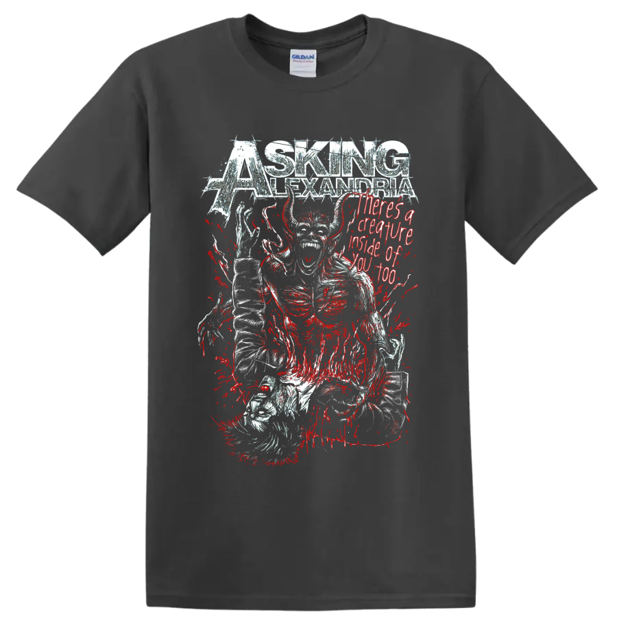 Asking Alexandria horned creature horror graphic with red splatter and distressed on a Charcoal T Shirt