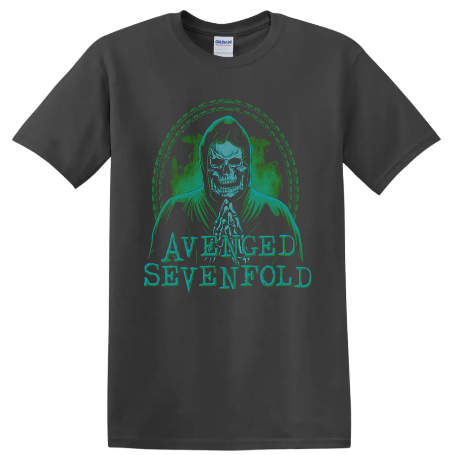 Avenged Sevenfold hooded skull Deathbat-inspired distressed rock graphic on a Charcoal T Shirt
