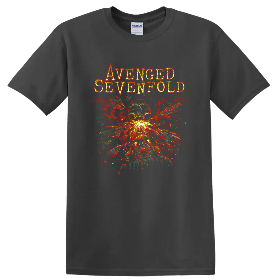 Avenged Sevenfold Deathbat skull with wings and fiery distressed explosion graphic on a Charcoal T Shirt