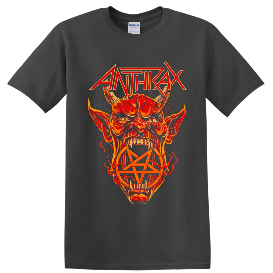 Anthrax logo above fiery horned demon artwork with a pentagram on a Charcoal T Shirt