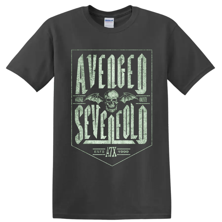 Avenged Sevenfold Deathbat skull and wings with distressed gothic lettering and A7X on a Charcoal T Shirt