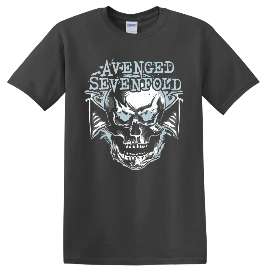 Avenged Sevenfold Deathbat skull with bat wings in distressed metal graphic style on a Charcoal T Shirt