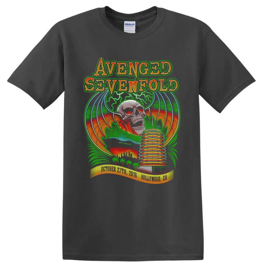 Avenged Sevenfold Hollywood skull concert poster graphic with bats, palms, and Capitol on a Charcoal T Shirt